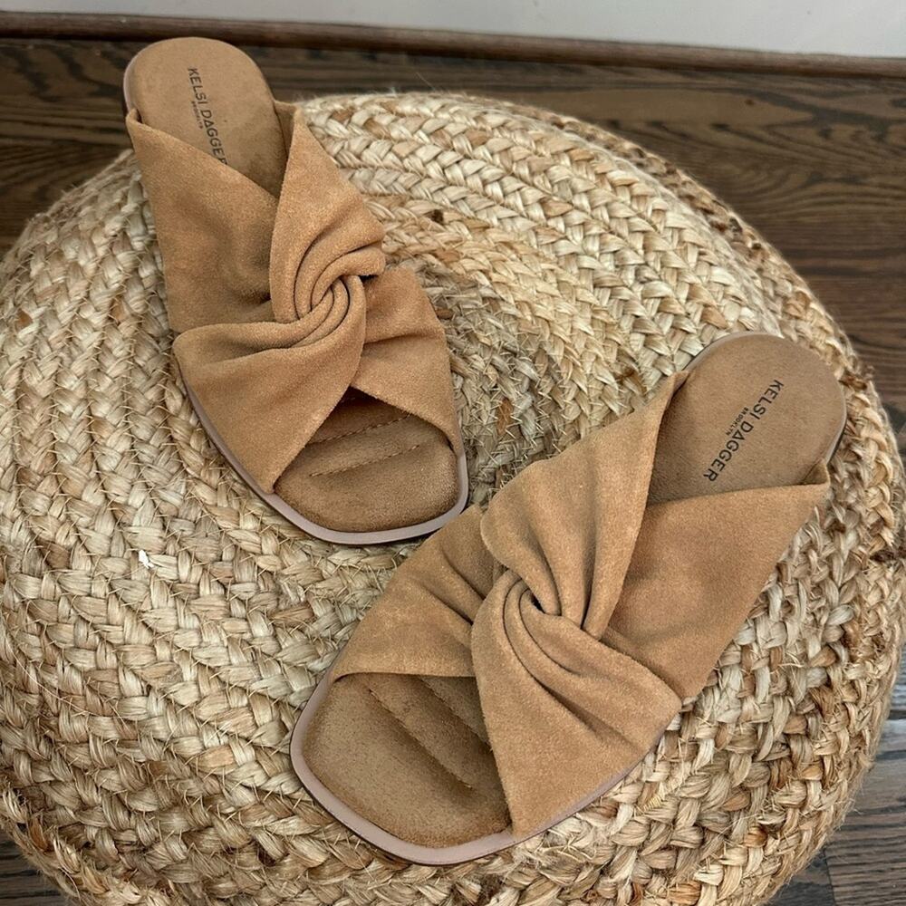 Kelsi Dagger Tan Knotted Suede Slide Sandals